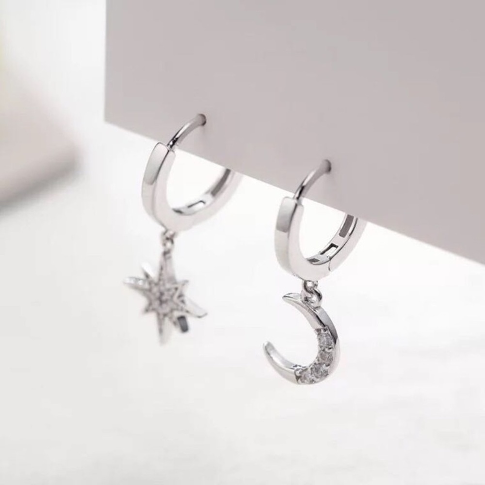 Asymmetric silver earrings Moon and Star S925 - Picture 3 of 7
